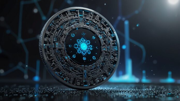 Vibrant digital artwork of the Cardano (ADA) coin shining in blue and silver, set against a futuristic blockchain network, symbolizing its rise toward $1 and growing DeFi ecosystem in September 2025.