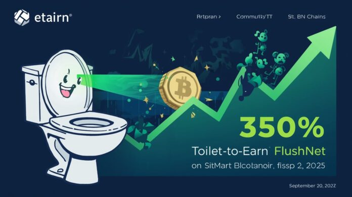 Etarn Coin Surges 350% on Toilet-to-Earn DePIN and BitMart Boost A lively cartoon toilet with laser eyes on a BNB Chain blockchain, backed by a green price chart spiking 350% in 24 hours, showcasing Etarn Crypto Coin’s Toilet-to-Earn FlushNet protocol and BitMart listing on September 20, 2025.