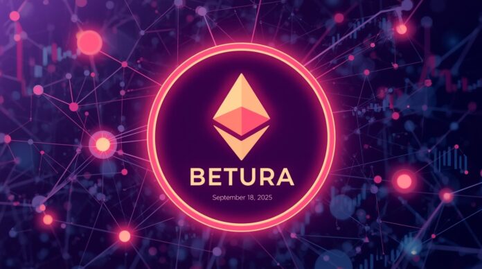 Vibrant digital illustration of the BETURA crypto coin logo glowing on an Ethereum blockchain network, surrounded by DeFi symbols and financial charts, representing its $5 million presale success on September 18, 2025.